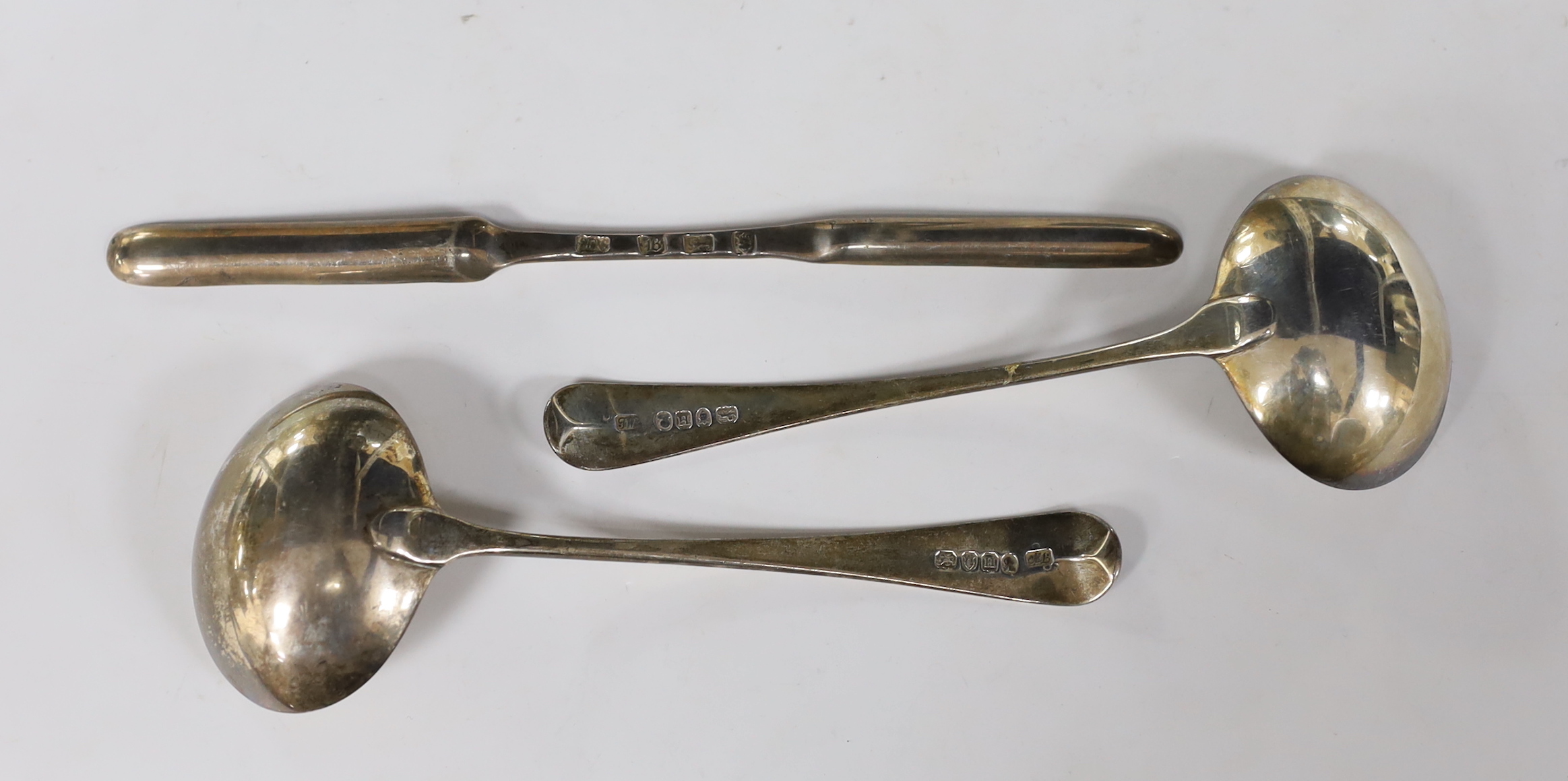 A late George II silver marrow scoop, London, 1757 and a pair of George III silver Old English pattern sauce ladles, London, 1803.